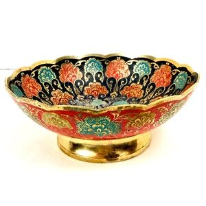 Vintage Brass Cloisonné Floral Bowl Painted Enamel Sweet Scalloped Edge India